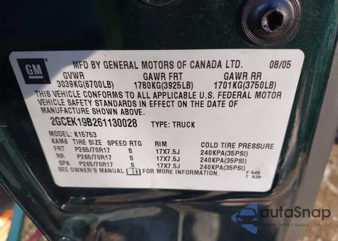 2006 Chevrolet Silverado 1500 Lt2 from USA, damaged, VIN 2GCEK19B261130028